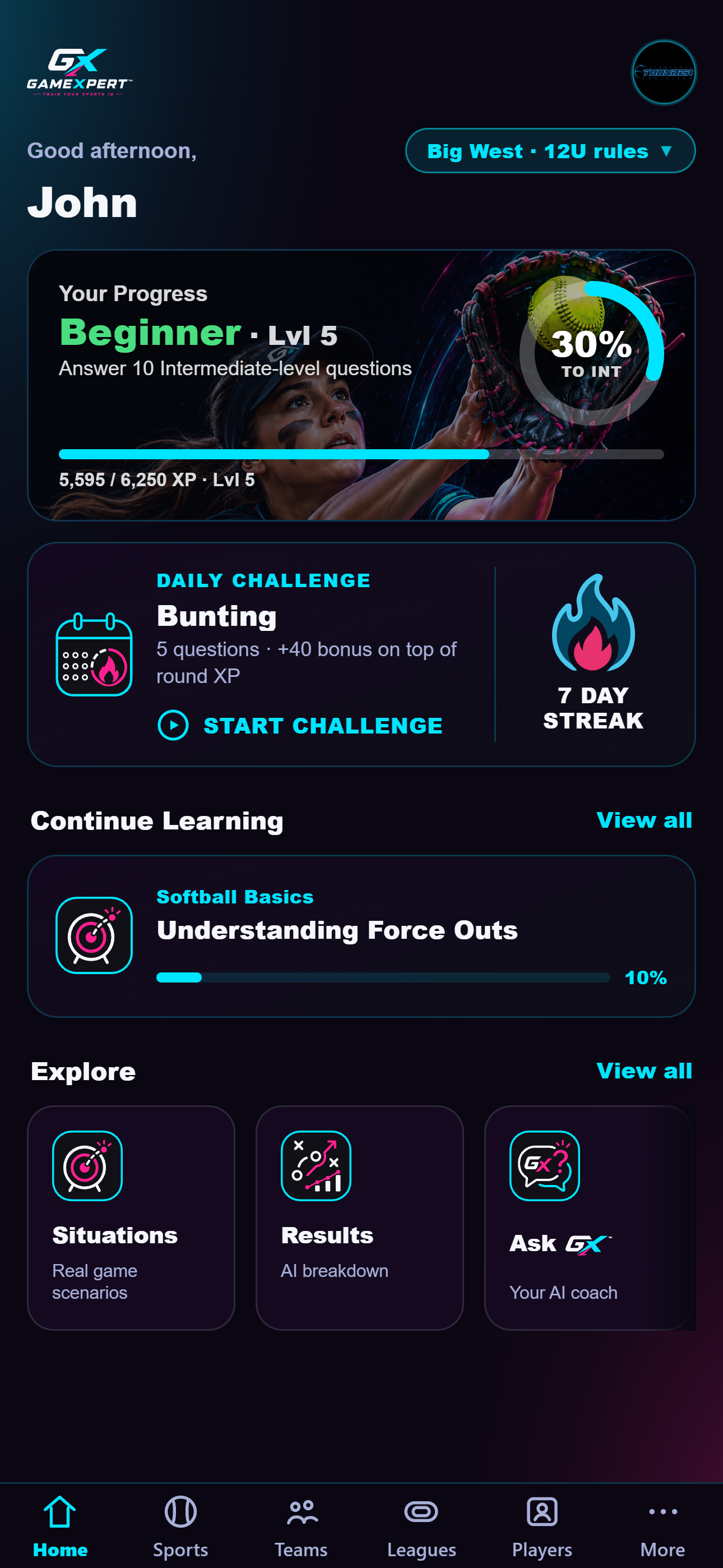 The GameXpert home screen — level progress, the daily challenge and a 7-day streak