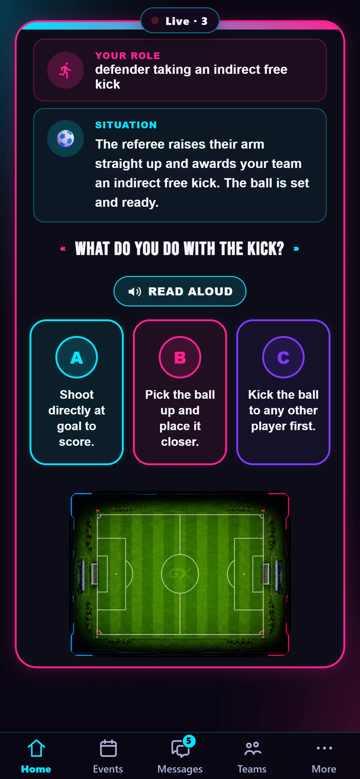 A soccer rules scenario in GameXpert — make the call on the pitch