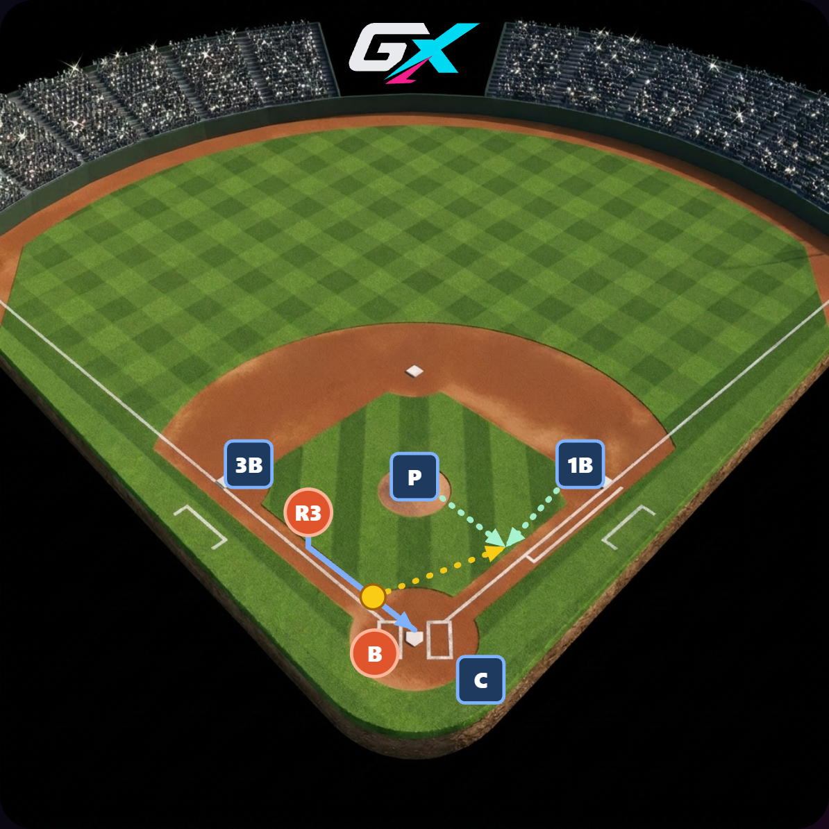 Suicide squeeze drawn on the diamond — runner breaks with the pitch